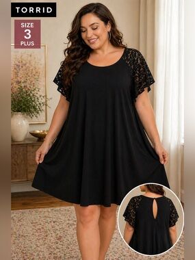 Torrid Lace Sleeve Swing Dress Tunic Black Size 3x Plus size Flowy casual comfy